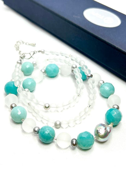 Natural blue pearl and amazonite necklace with Akoya and no-dyed freshwater pearls, approx. 50-55cm long