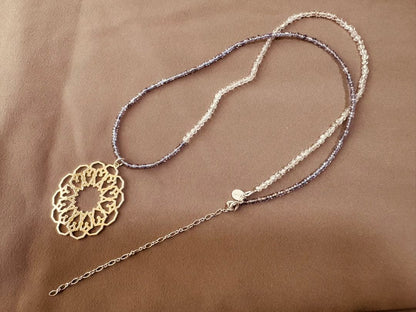 Agete filigree motif tanzanite long necklace with removable gold-coated silver charm on 70cm chain