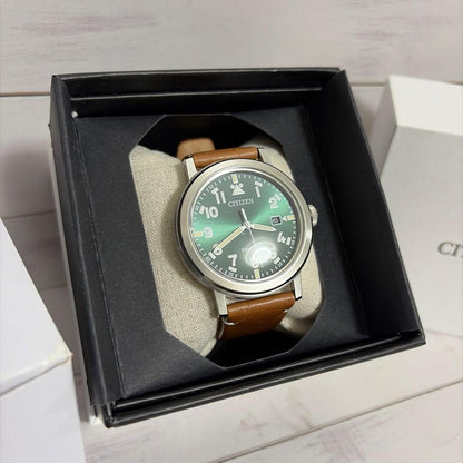 Citizen Eco-Drive green dial brown leather Solar Men's Watch — Japanese
