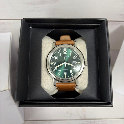 Citizen Eco-Drive green dial brown leather Solar Men's Watch — Japanese