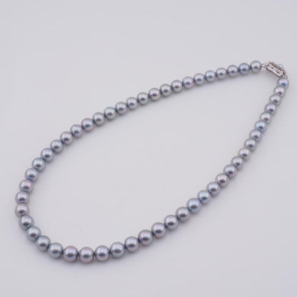 Tasaki Akoya 7.8mm gray pearl necklace on 42cm silver chain with polished finish and clasp detail