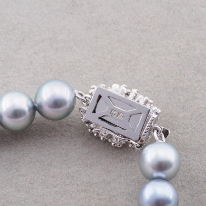Tasaki Akoya 7.8mm gray pearl necklace on 42cm silver chain with polished finish and clasp detail