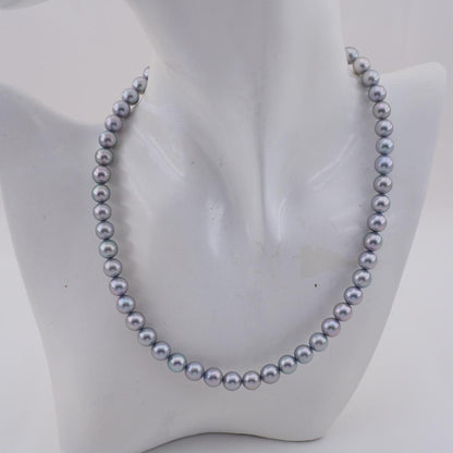 Tasaki Akoya 7.8mm gray pearl necklace on 42cm silver chain with polished finish and clasp detail