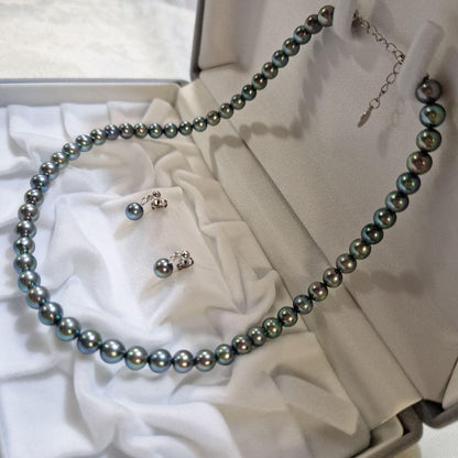Akoya 6mm pearl Tahitian color necklace 37cm with matching titanium earrings displayed on white background