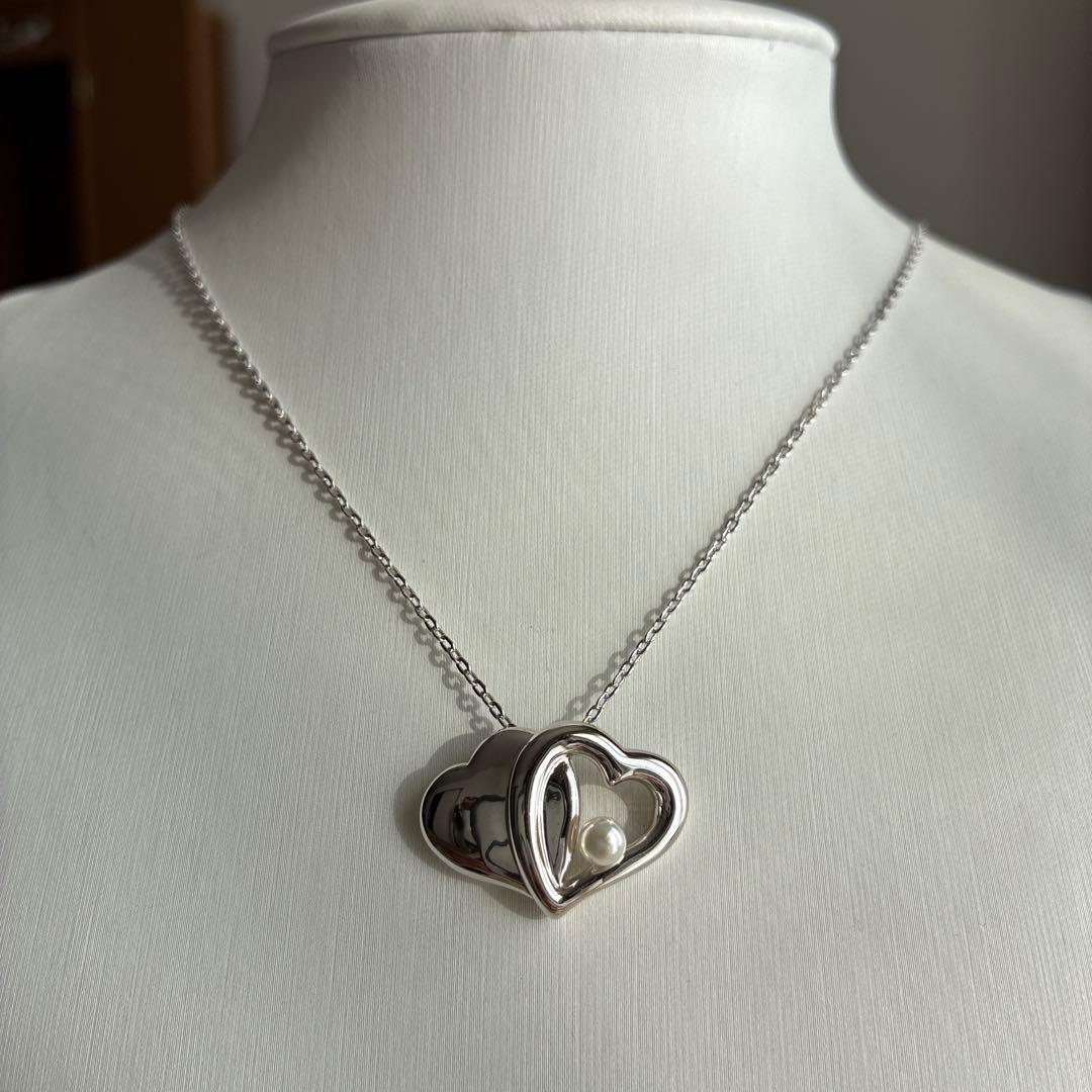 MIKIMOTO Heart Silver Pearl Necklace #684 featuring a silver heart pendant with pearl on a 40cm chain