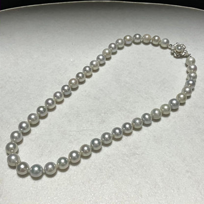 Akoya pearl necklace with 9.5mm blue gray pearls and silver flower clasp on white background