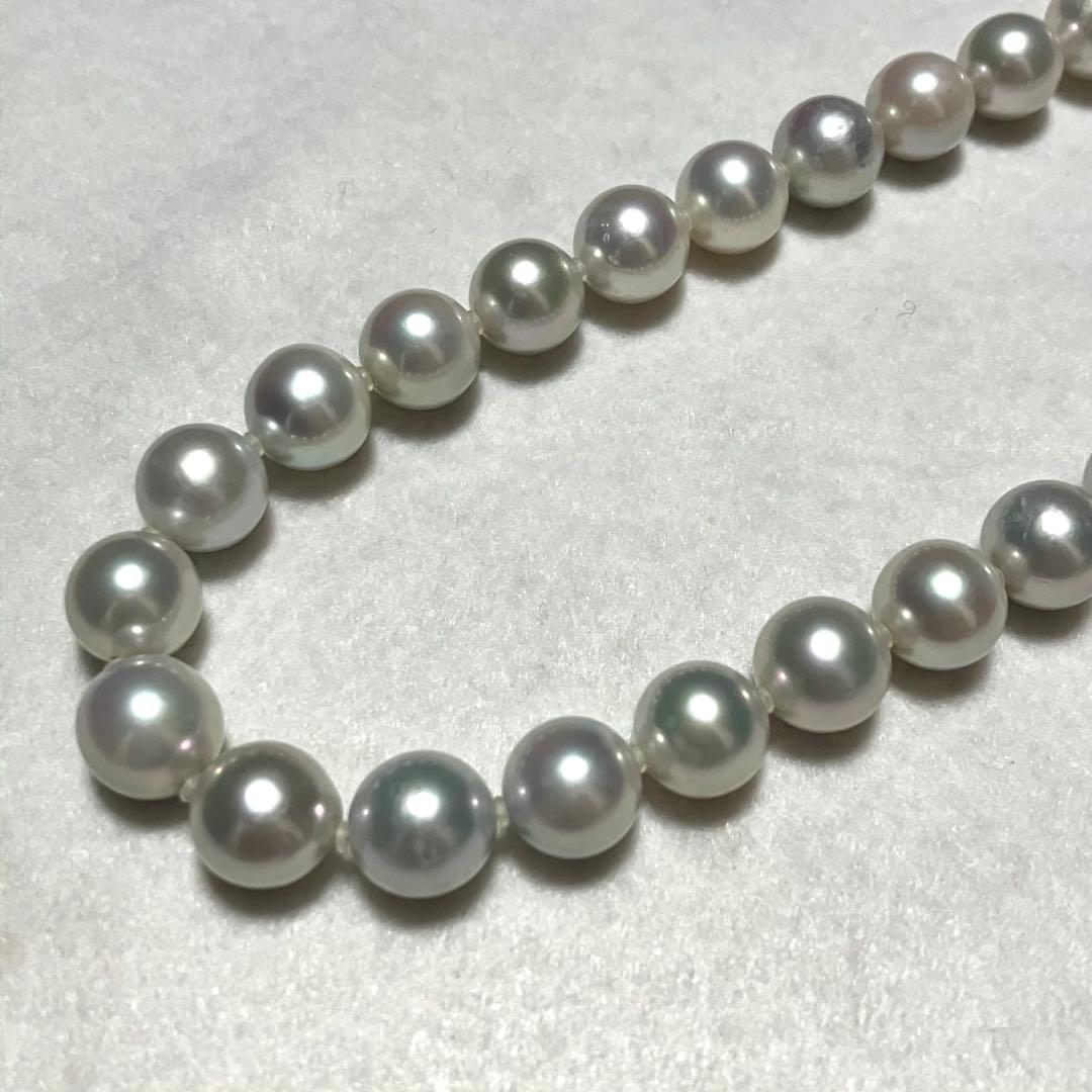 Akoya pearl necklace with 9.5mm blue gray pearls and silver flower clasp on white background