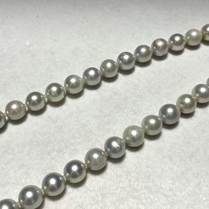 Akoya pearl necklace with 9.5mm blue gray pearls and silver flower clasp on white background