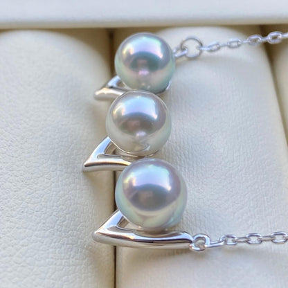 Honke Pearl Akoya 3-row necklace with 6.8mm natural water blue pearls and silver extension chain