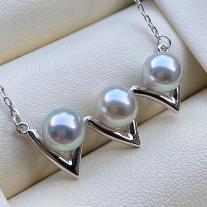 Honke Pearl Akoya 3-row necklace with 6.8mm natural water blue pearls and silver extension chain