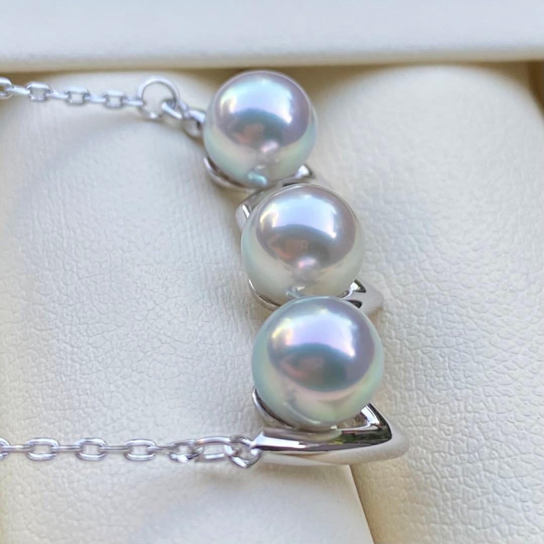 Honke Pearl Akoya 3-row necklace with 6.8mm natural water blue pearls and silver extension chain