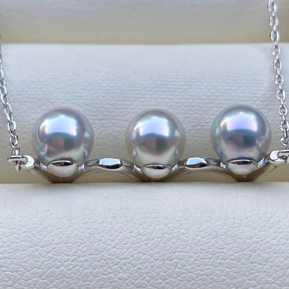 Honke Pearl Akoya 3-row necklace with 6.8mm natural water blue pearls and silver extension chain