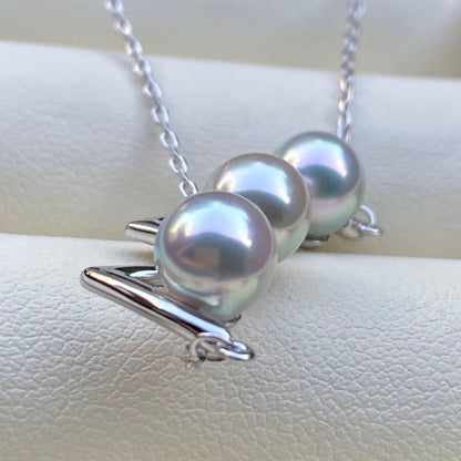 Honke Pearl Akoya 3-row necklace with 6.8mm natural water blue pearls and silver extension chain