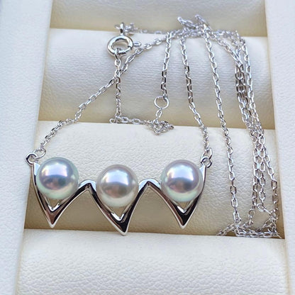 Honke Pearl Akoya 3-row necklace with 6.8mm natural water blue pearls and silver extension chain
