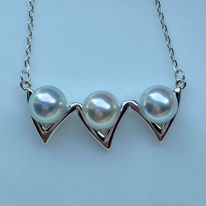 Honke Pearl Akoya 3-row necklace with 6.8mm natural water blue pearls and silver extension chain