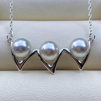 Honke Pearl Akoya 3-row necklace with 6.8mm natural water blue pearls and silver extension chain