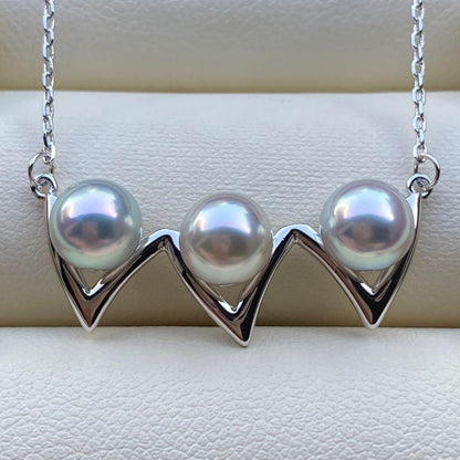 Honke Pearl Akoya 3-row necklace with 6.8mm natural water blue pearls and silver extension chain
