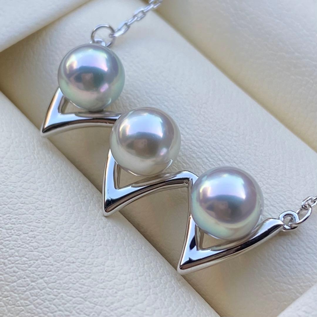 Honke Pearl Akoya 3-row necklace with 6.8mm natural water blue pearls and silver extension chain
