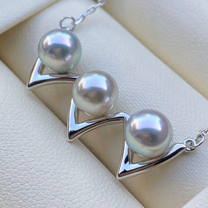 Honke Pearl Akoya 3-row necklace with 6.8mm natural water blue pearls and silver extension chain