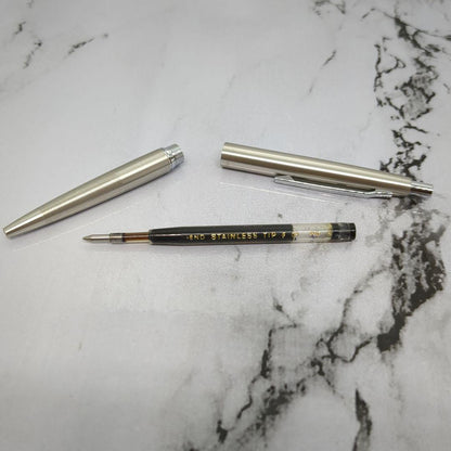 Pilot vintage 1970s push-button ballpoint pen with stainless steel body and straight metal clip
