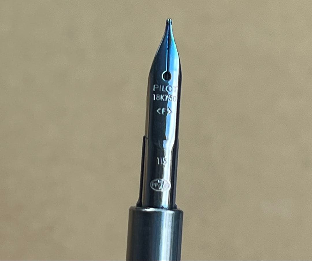 Pilot fountain pen with 18K 750 fine nib in black shown on a white background