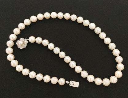 Akoya pearl necklace featuring 8-8.5mm pearls and a charm on a 45cm chain displayed on white background