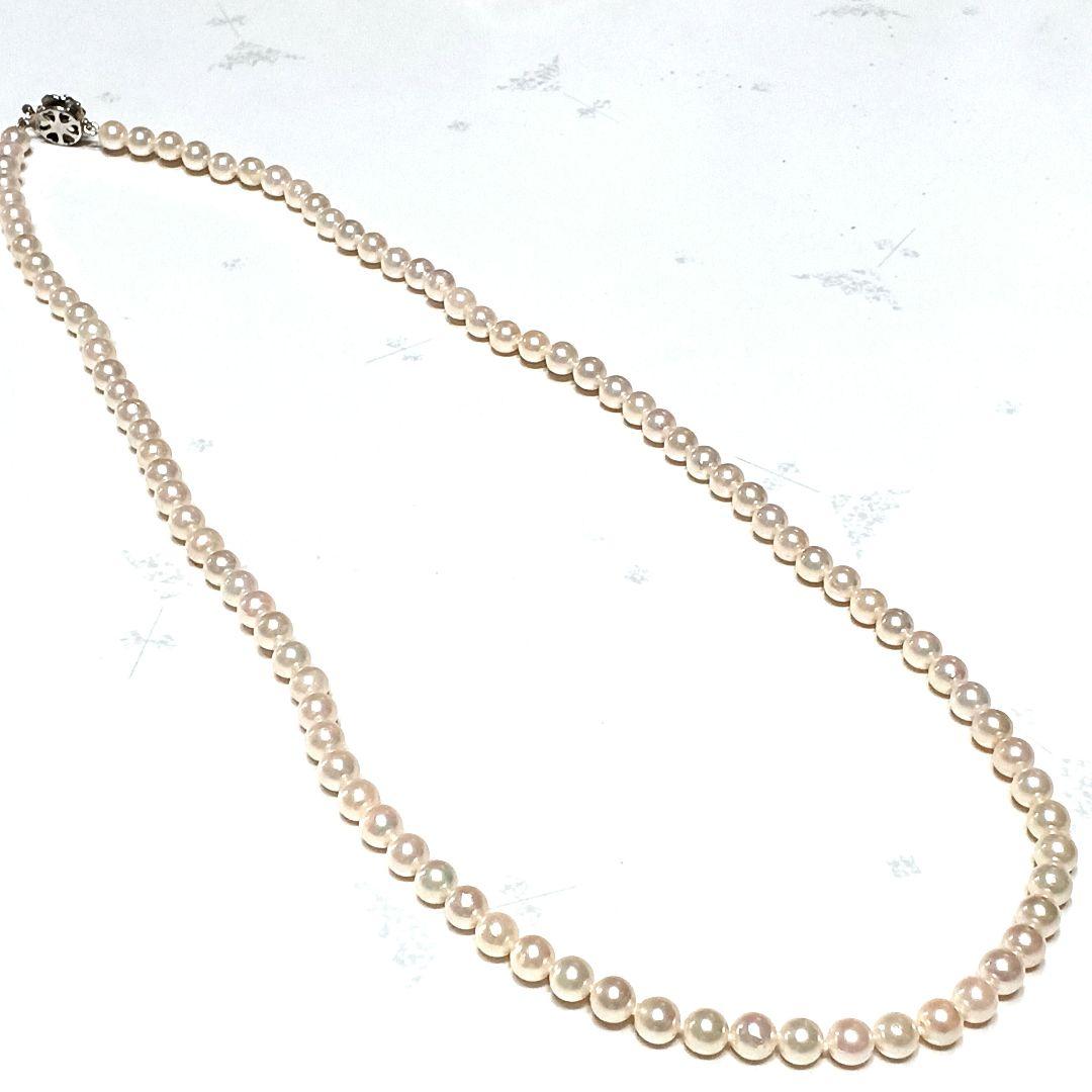 Akoya pearl semi-long necklace approx 64cm with 6-6.5mm white pearls showing slight irregularities and strong luster