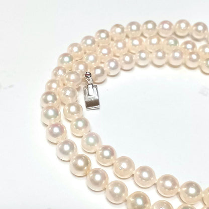 Akoya pearl semi-long necklace approx 64cm with 6-6.5mm white pearls showing slight irregularities and strong luster