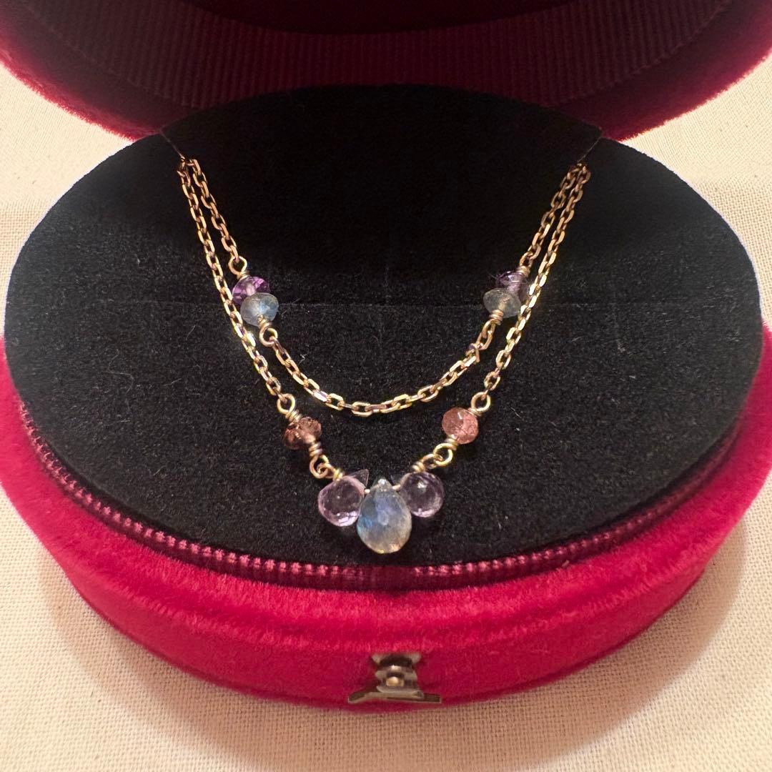 Agete necklace silver with gold plating featuring lapis lazuli, amethyst, and pink tourmaline stones on 50 cm chain
