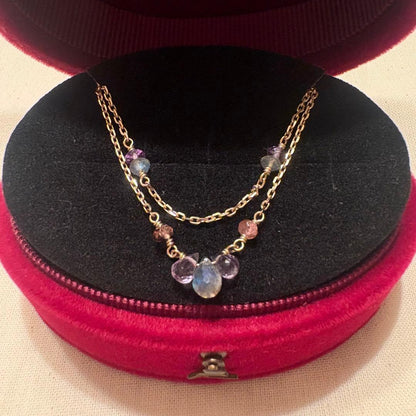 Agete necklace silver with gold plating featuring lapis lazuli, amethyst, and pink tourmaline stones on 50 cm chain