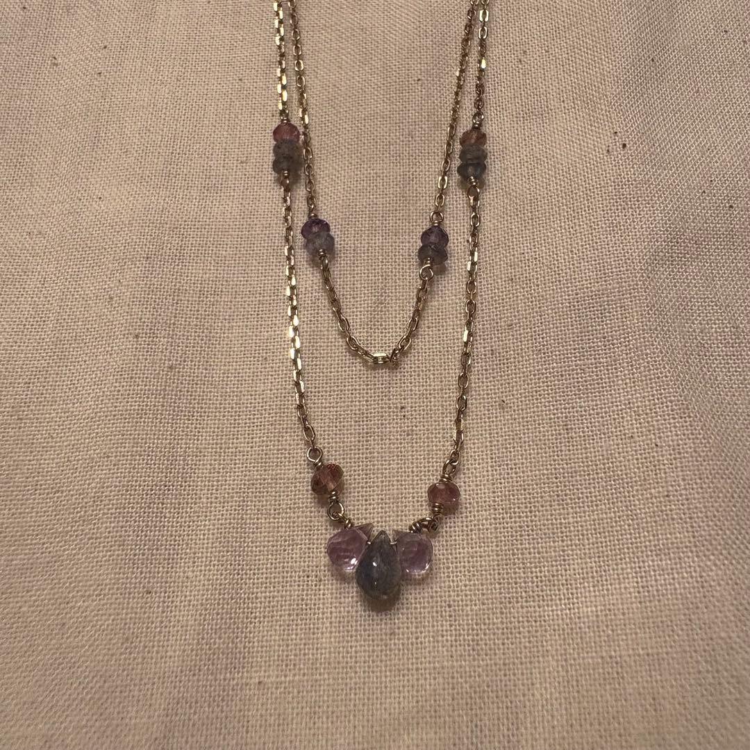 Agete necklace silver with gold plating featuring lapis lazuli, amethyst, and pink tourmaline stones on 50 cm chain