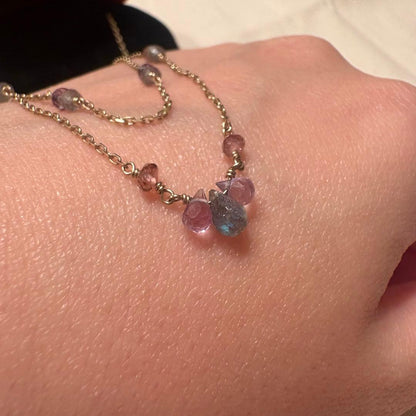 Agete necklace silver with gold plating featuring lapis lazuli, amethyst, and pink tourmaline stones on 50 cm chain