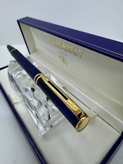 WATERMAN Phileas Blue Marble ballpoint pen with gold accents on a white background