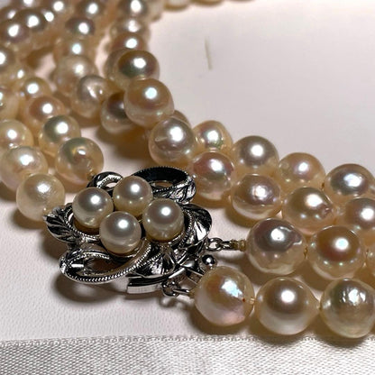 Two-strand Hanadama Akoya pearl necklace with 6.3-7.0mm round white pearls and sterling silver clasp