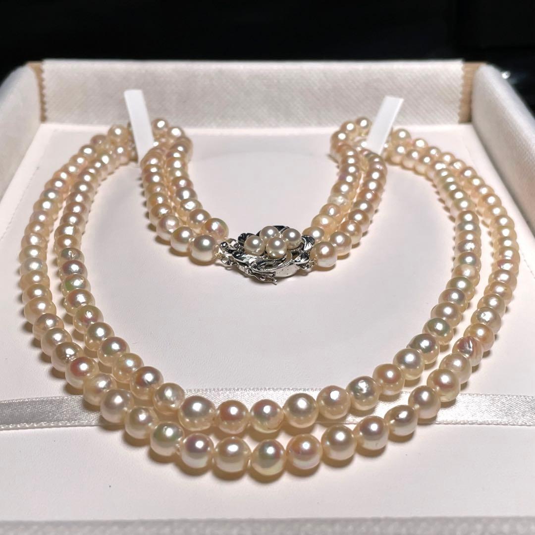 Two-strand Hanadama Akoya pearl necklace with 6.3-7.0mm round white pearls and sterling silver clasp