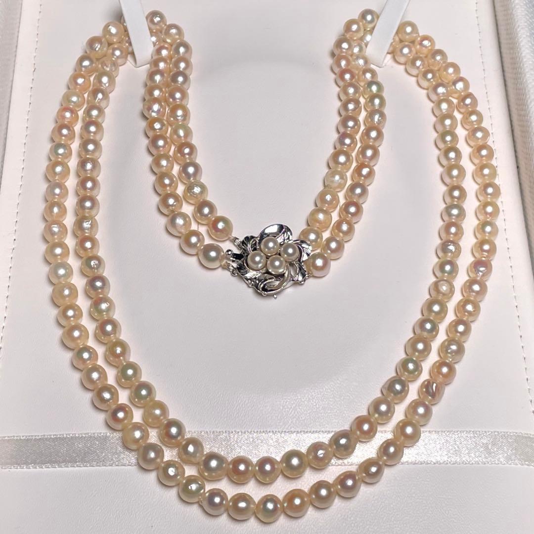 Two-strand Hanadama Akoya pearl necklace with 6.3-7.0mm round white pearls and sterling silver clasp