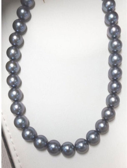 Akoya pearl necklace with semi-round bluish gray pearls, silver clasp, 43.5cm length