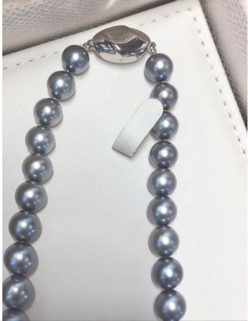 Akoya pearl necklace with semi-round bluish gray pearls, silver clasp, 43.5cm length