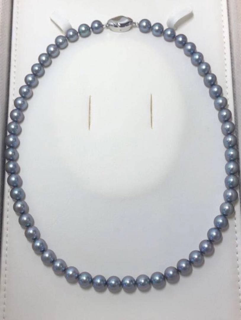 Akoya pearl necklace with semi-round bluish gray pearls, silver clasp, 43.5cm length