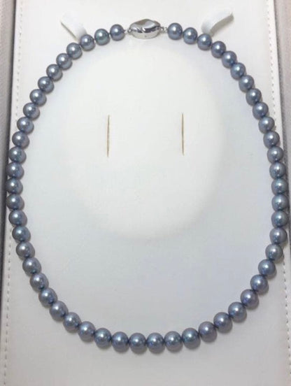 Akoya pearl necklace with semi-round bluish gray pearls, silver clasp, 43.5cm length