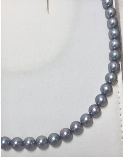 Akoya pearl necklace with semi-round bluish gray pearls, silver clasp, 43.5cm length