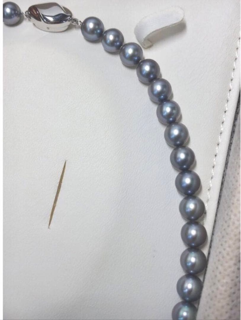 Akoya pearl necklace with semi-round bluish gray pearls, silver clasp, 43.5cm length