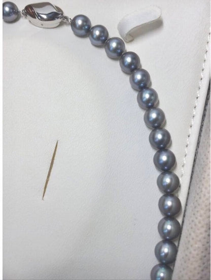 Akoya pearl necklace with semi-round bluish gray pearls, silver clasp, 43.5cm length
