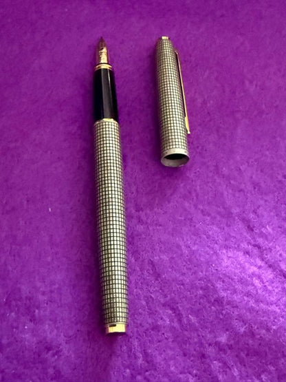 PILOT silver fountain pen with metallic lattice pattern and included dedicated case on white background