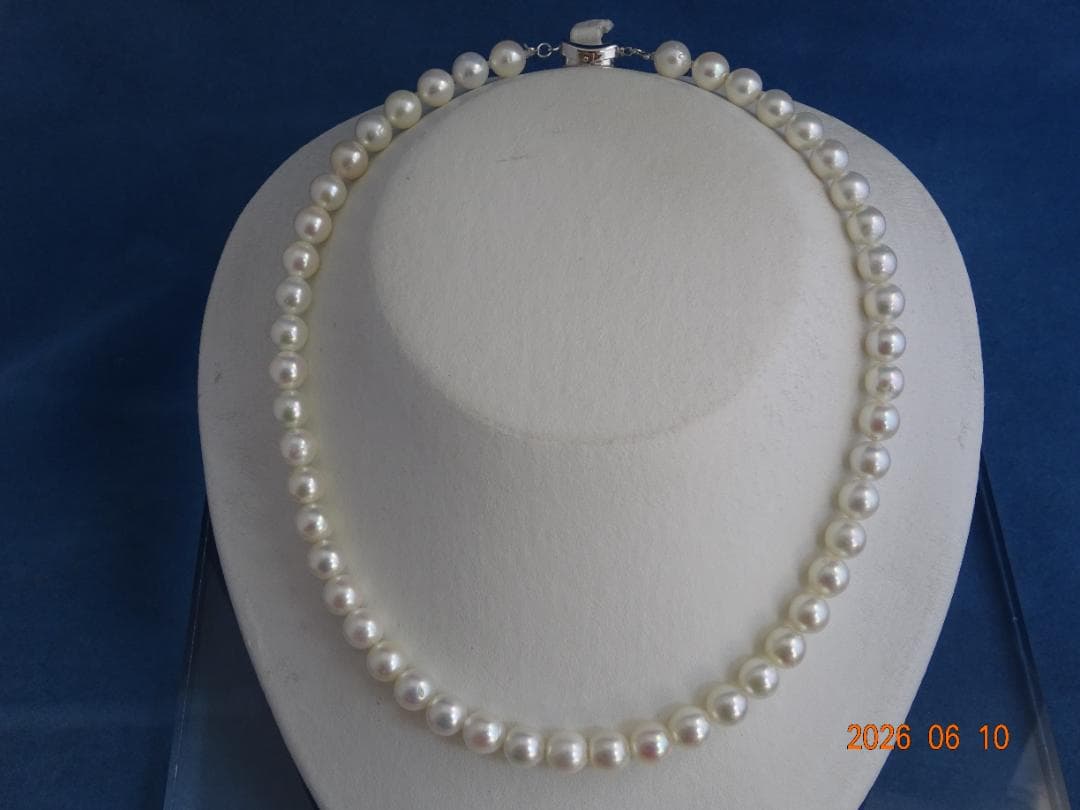 Akoya pearl necklace featuring 8-8.5mm almost round white pearls with pink and cream tones and silver clasp