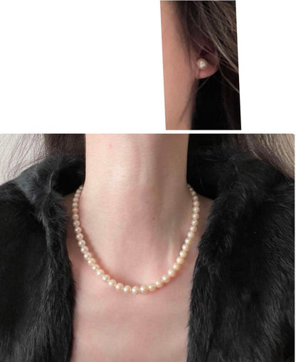 Vitamin Tiger's Eye 7mm bead necklace 40cm and matching silver earrings with slight yellow tone
