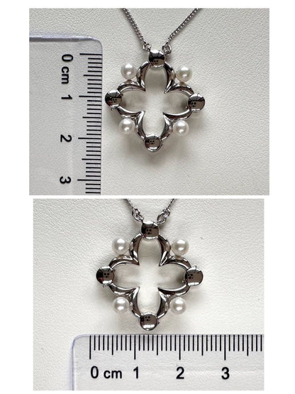 TASAKI Akoya baby pearl necklace with silver clover motif pendant and adjustable chain
