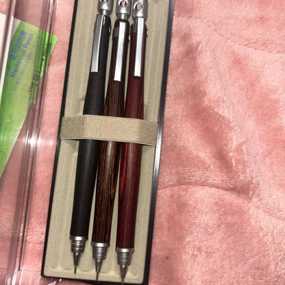 Pilot mechanical pencils 3-piece set in black red and brown with wooden exterior and transparent case