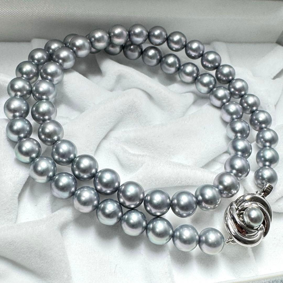 Tasaki Akoya blue gray pearl necklace and matching earrings with 7mm genuine pearls