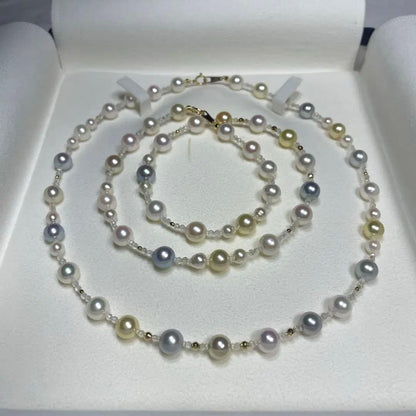 K18 multi-color Akoya pearl necklace set with 8mm, 5mm, and 6mm pearls on a 45cm chain